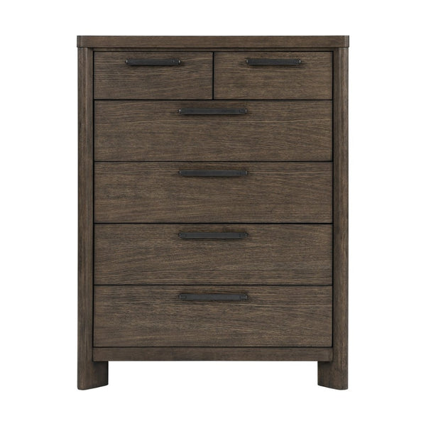 English Elm Dark Oak Six Drawer Chest with Felt Lined Jewelry Storage and Matte Black Hardware B361P537287