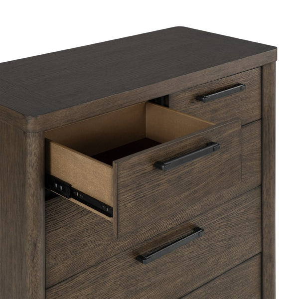 English Elm Dark Oak Six Drawer Chest with Felt Lined Jewelry Storage and Matte Black Hardware B361P537287