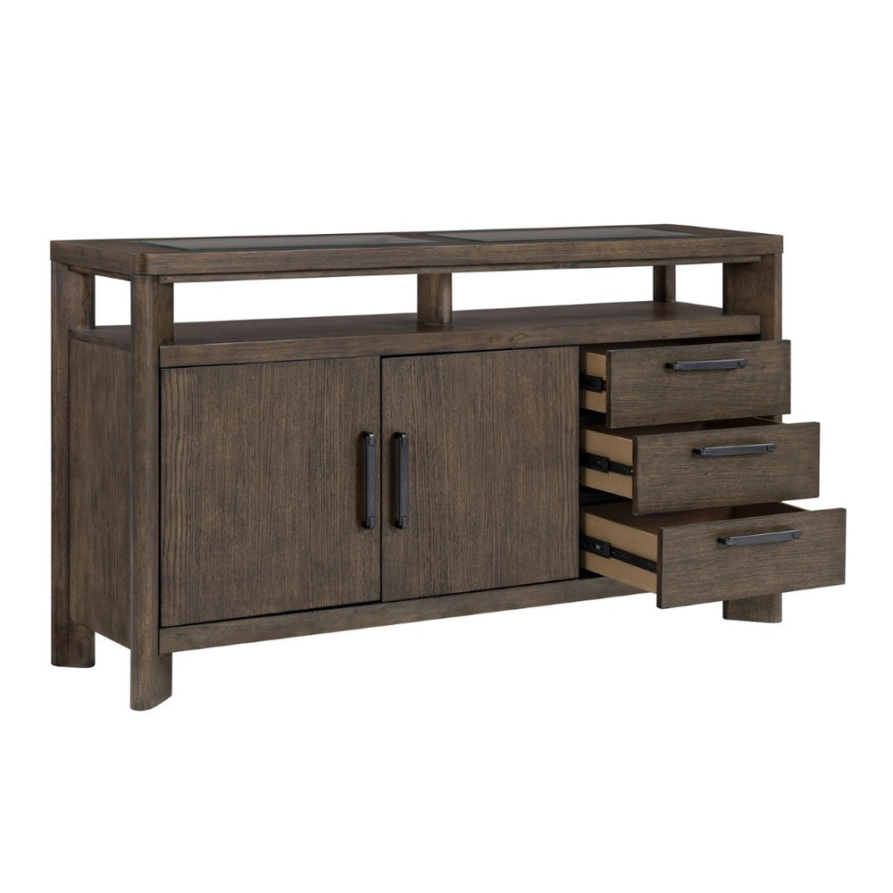 English Elm Dark Oak Buffet Server with Glass Panels Wine Rack Stemware Storage Dining Room B361P537832