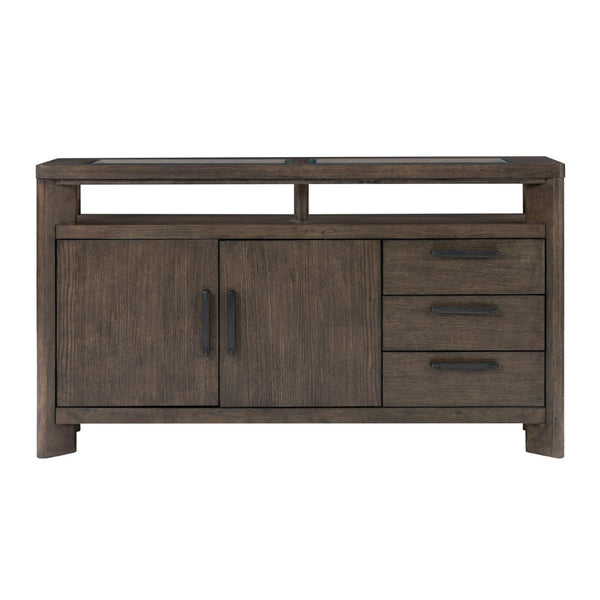 English Elm Dark Oak Buffet Server with Glass Panels Wine Rack Stemware Storage Dining Room B361P537832