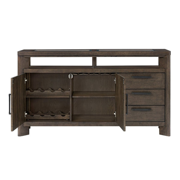 English Elm Dark Oak Buffet Server with Glass Panels Wine Rack Stemware Storage Dining Room B361P537832