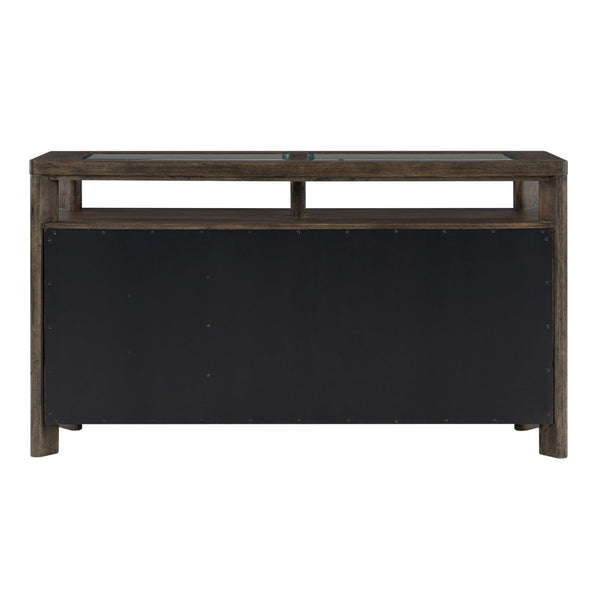 English Elm Dark Oak Buffet Server with Glass Panels Wine Rack Stemware Storage Dining Room B361P537832