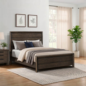 English Elm Dark Oak Queen Bed with Plank Headboard Footboard for a Rustic Farmhouse Bedroom B361S00028