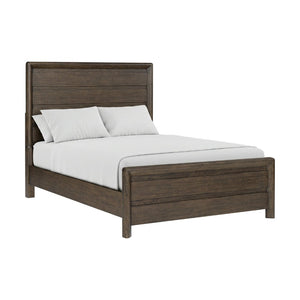 English Elm Dark Oak Queen Bed with Plank Headboard Footboard for a Rustic Farmhouse Bedroom B361S00028