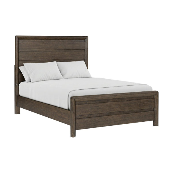 English Elm Dark Oak Queen Bed with Plank Headboard Footboard for a Rustic Farmhouse Bedroom B361S00028