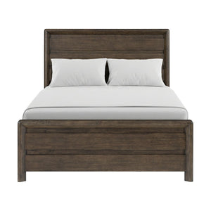 English Elm Dark Oak Queen Bed with Plank Headboard Footboard for a Rustic Farmhouse Bedroom B361S00028