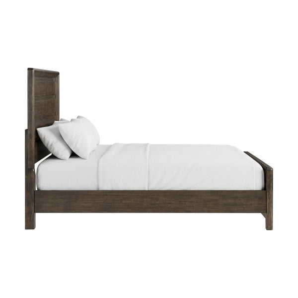 English Elm Dark Oak Queen Bed with Plank Headboard Footboard for a Rustic Farmhouse Bedroom B361S00028