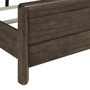 English Elm Dark Oak Queen Bed with Plank Headboard Footboard for a Rustic Farmhouse Bedroom B361S00028