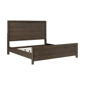 English Elm Dark Oak Finish King Bed Frame with Plank Headboard for a Rustic Lodge Bedroom B361S00029