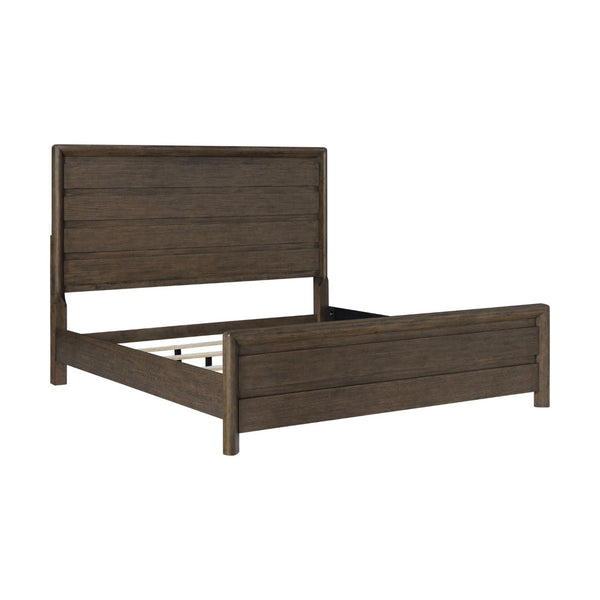 English Elm Dark Oak Finish King Bed Frame with Plank Headboard for a Rustic Lodge Bedroom B361S00029
