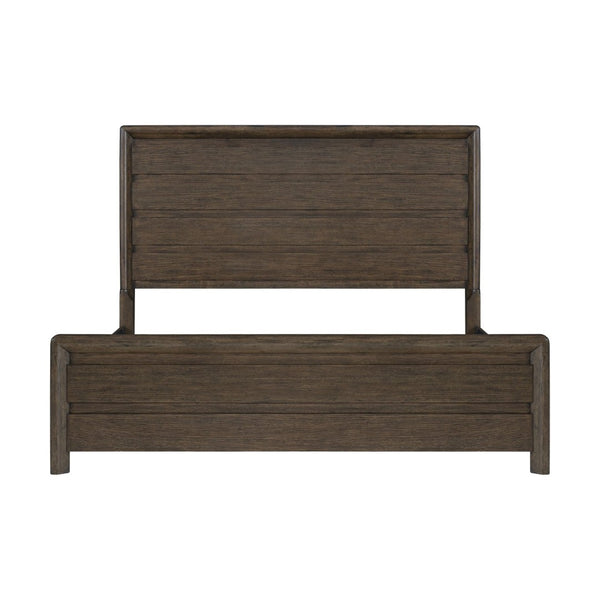 English Elm Dark Oak Finish King Bed Frame with Plank Headboard for a Rustic Lodge Bedroom B361S00029