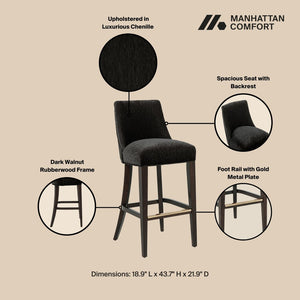 English Elm Barstool with Chenille Seat Dark Walnut Frame Gold Footrest for Kitchen Island Black B365P504236