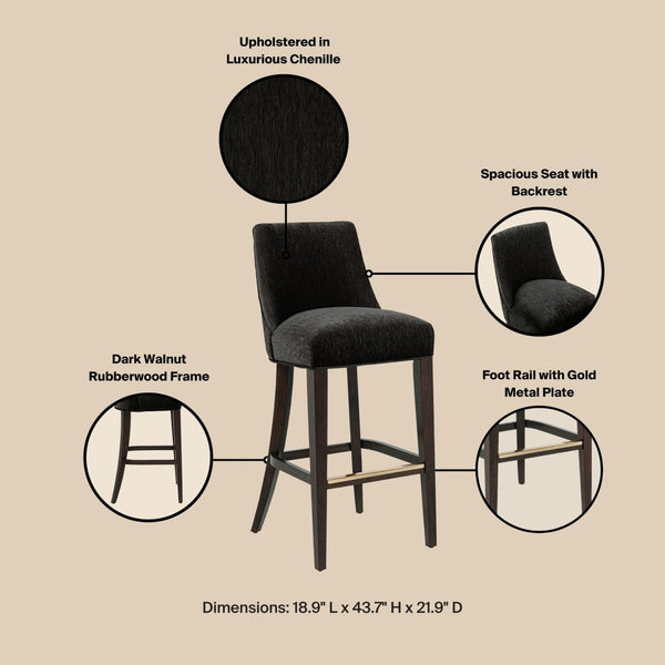 English Elm Barstool with Chenille Seat Dark Walnut Frame Gold Footrest for Kitchen Island Black B365P504236