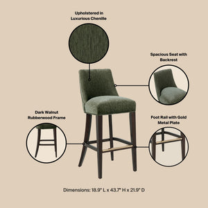 English Elm Barstool with Chenille Seat Dark Walnut Frame Gold Footrest for Kitchen Island Forest Green B365P504237