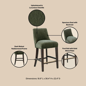 English Elm Counter Stool with Padded Backrest and Curved Seat for Kitchen Islands or Home Bars Green B365P504245