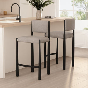 English Elm Counter Stool with Boucle Upholstery Padded Back and Tapered Metal Legs for Kitchen Islands Champagne B365P504246