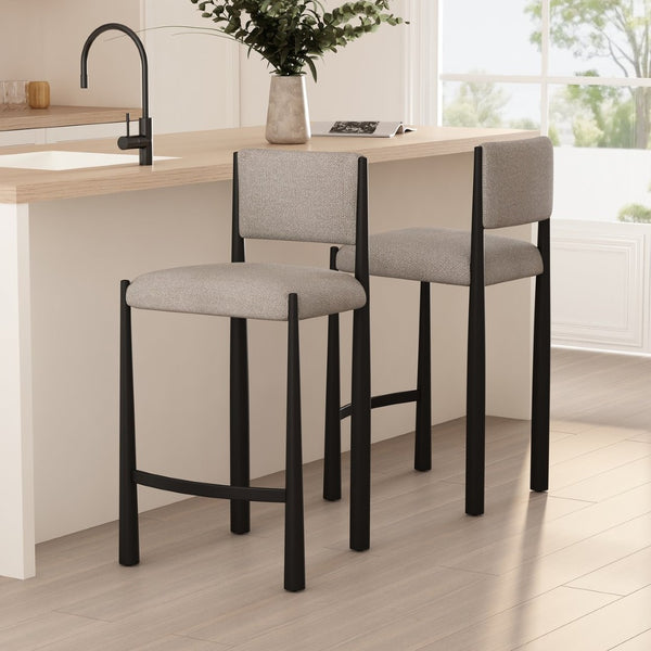 English Elm Counter Stool with Boucle Upholstery Padded Back and Tapered Metal Legs for Kitchen Islands Champagne B365P504246