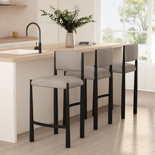 English Elm Counter Stool with Boucle Upholstery Padded Back and Tapered Metal Legs for Kitchen Islands Champagne B365P504246