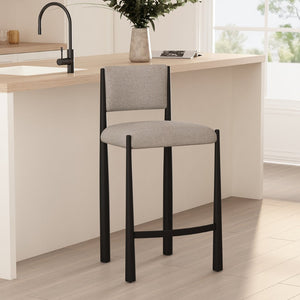 English Elm Counter Stool with Boucle Upholstery Padded Back and Tapered Metal Legs for Kitchen Islands Champagne B365P504246