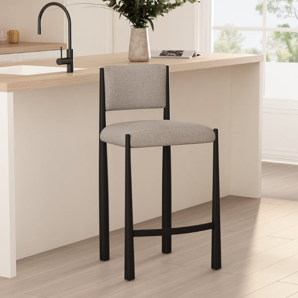 English Elm Counter Stool with Boucle Upholstery Padded Back and Tapered Metal Legs for Kitchen Islands Champagne B365P504246