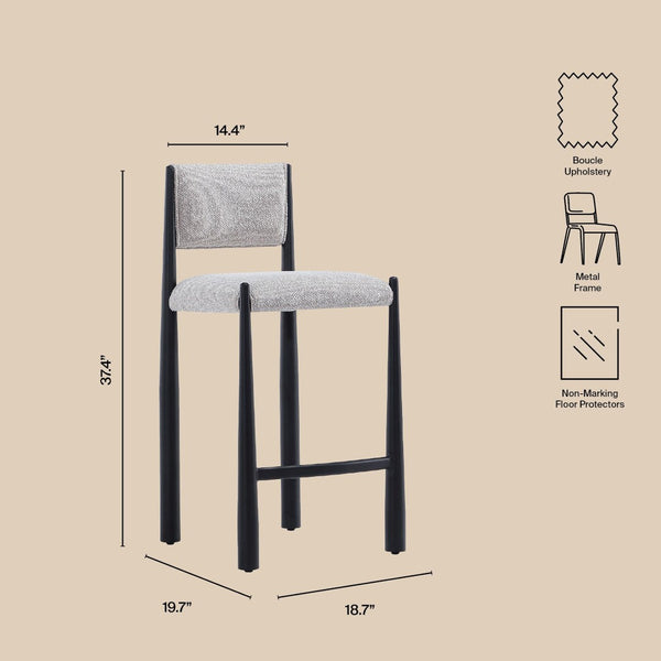 English Elm Counter Stool with Boucle Upholstery Padded Back and Tapered Metal Legs for Kitchen Islands Champagne B365P504246