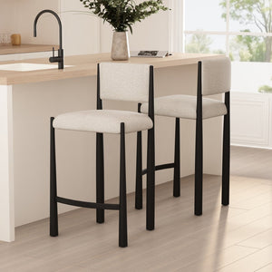 English Elm Counter Stool with Boucle Upholstery Padded Back and Tapered Metal Legs for Kitchen Islands Cream B365P504247