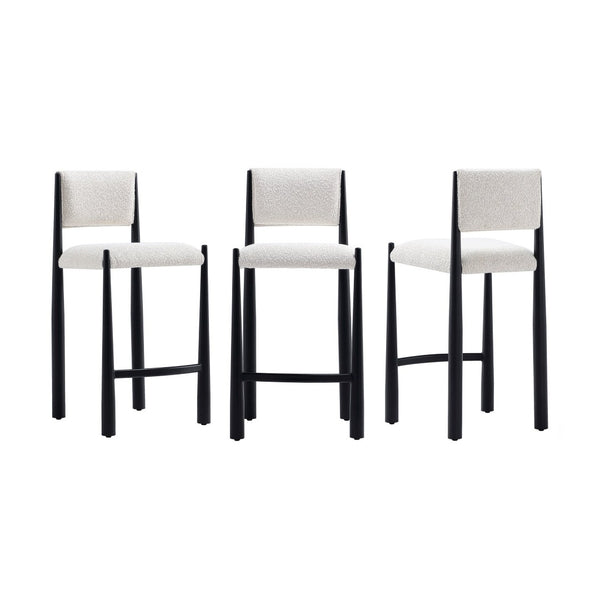 English Elm Counter Stool with Boucle Upholstery Padded Back and Tapered Metal Legs for Kitchen Islands Cream B365P504247