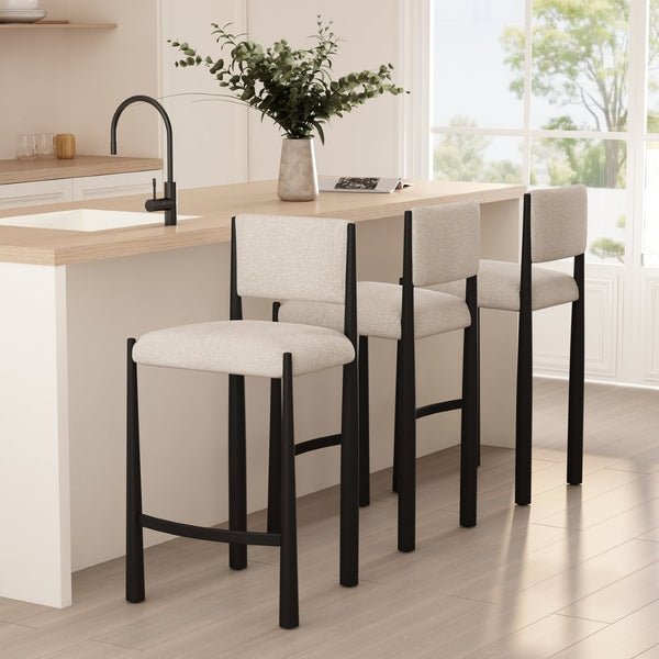 English Elm Counter Stool with Boucle Upholstery Padded Back and Tapered Metal Legs for Kitchen Islands Cream B365P504247