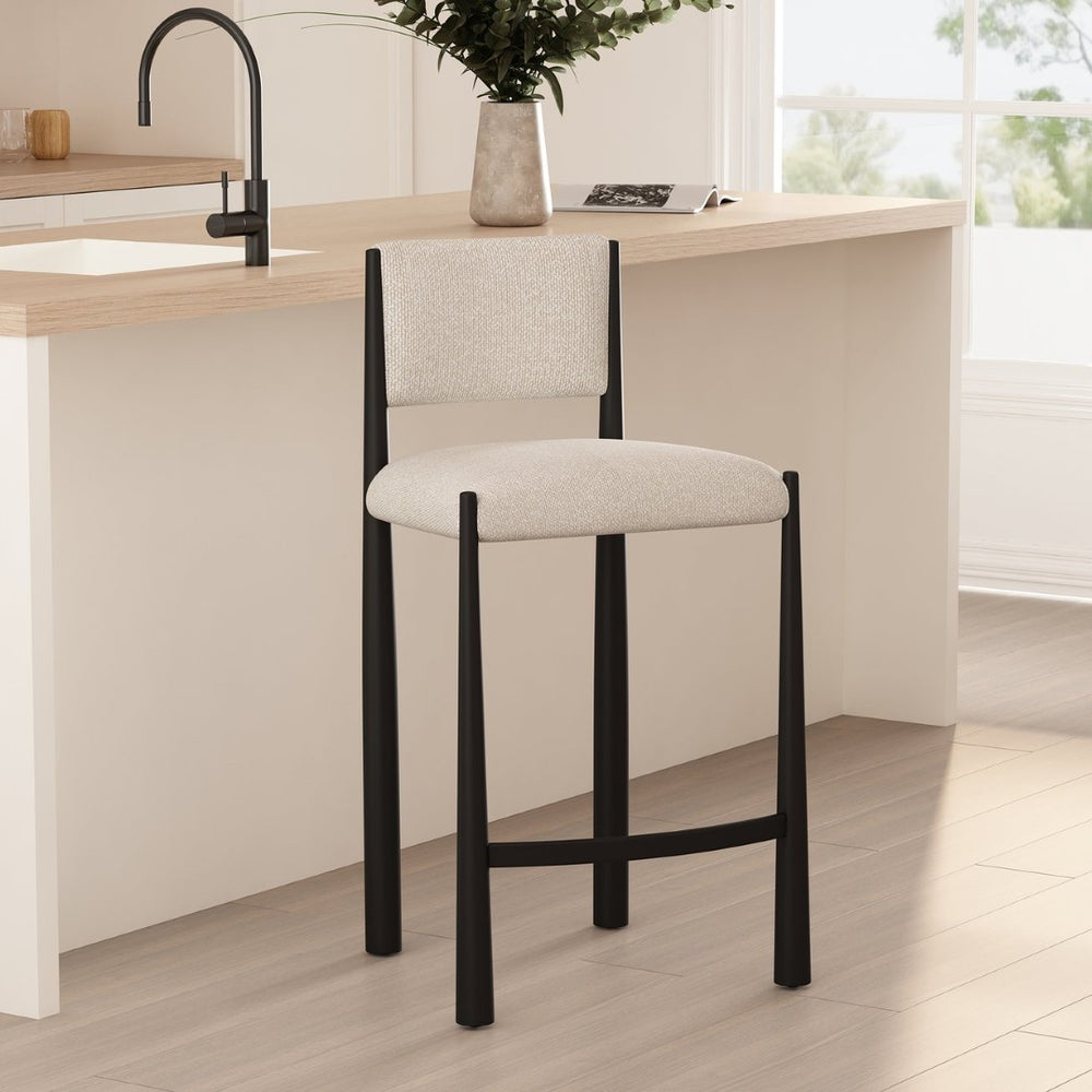 English Elm Counter Stool with Boucle Upholstery Padded Back and Tapered Metal Legs for Kitchen Islands Cream B365P504247