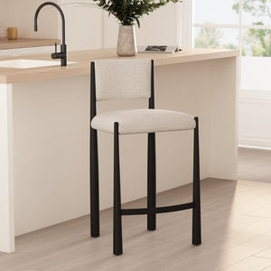 English Elm Counter Stool with Boucle Upholstery Padded Back and Tapered Metal Legs for Kitchen Islands Cream B365P504247