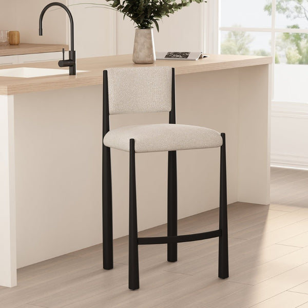 English Elm Counter Stool with Boucle Upholstery Padded Back and Tapered Metal Legs for Kitchen Islands Cream B365P504247