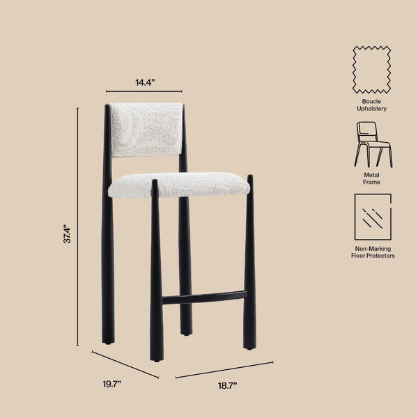 English Elm Counter Stool with Boucle Upholstery Padded Back and Tapered Metal Legs for Kitchen Islands Cream B365P504247