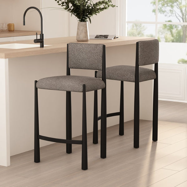 English Elm Counter Stool with Boucle Upholstery Padded Back and Tapered Metal Legs for Kitchen Islands Mushroom B365P504248