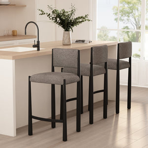 English Elm Counter Stool with Boucle Upholstery Padded Back and Tapered Metal Legs for Kitchen Islands Mushroom B365P504248