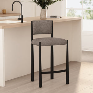 English Elm Counter Stool with Boucle Upholstery Padded Back and Tapered Metal Legs for Kitchen Islands Mushroom B365P504248