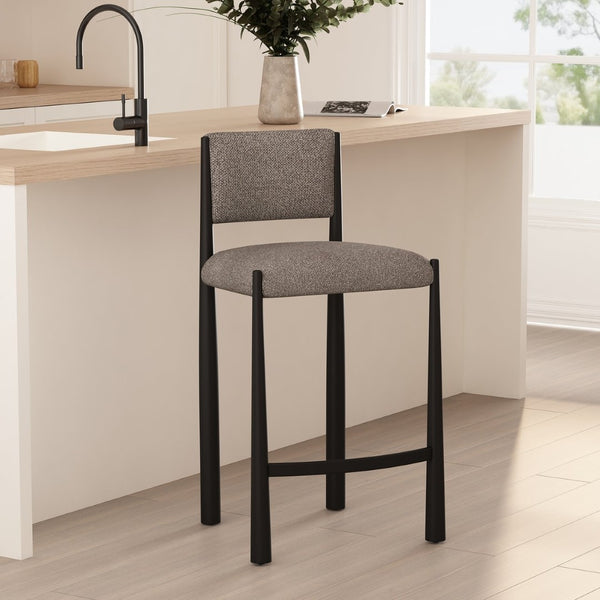 English Elm Counter Stool with Boucle Upholstery Padded Back and Tapered Metal Legs for Kitchen Islands Mushroom B365P504248