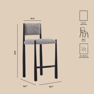 English Elm Counter Stool with Boucle Upholstery Padded Back and Tapered Metal Legs for Kitchen Islands Mushroom B365P504248
