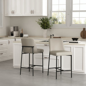 English Elm Counter Stools Set of 2 Leatherette Upholstered Curved Back Matte Steel Kitchen Pair Stone Gray B365P504249
