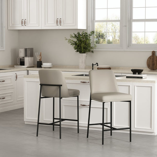 English Elm Counter Stools Set of 2 Leatherette Upholstered Curved Back Matte Steel Kitchen Pair Stone Gray B365P504249