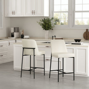 English Elm Counter Stools Set of 2 Leatherette Upholstered Curved Back Matte Steel Kitchen Pair Ivory B365P504251
