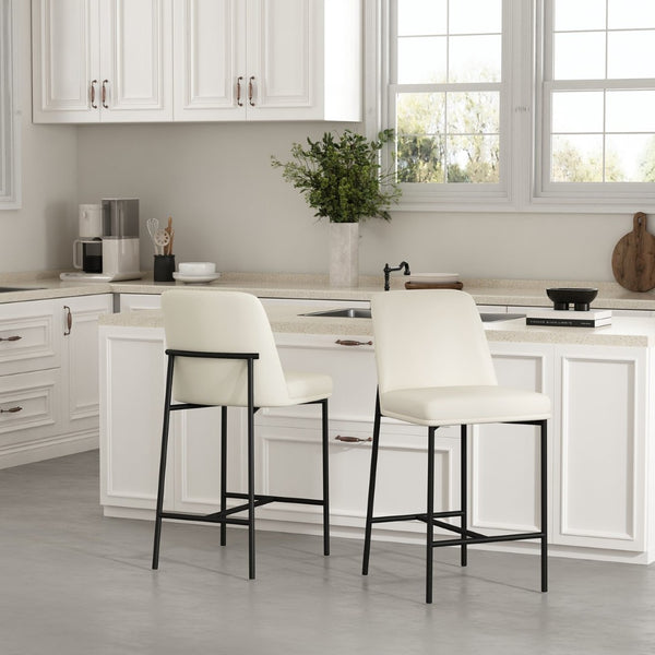 English Elm Counter Stools Set of 2 Leatherette Upholstered Curved Back Matte Steel Kitchen Pair Ivory B365P504251
