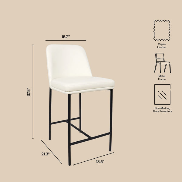 English Elm Counter Stools Set of 2 Leatherette Upholstered Curved Back Matte Steel Kitchen Pair Ivory B365P504251
