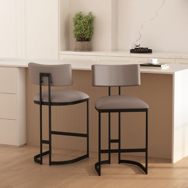 English Elm Counter Stool with Vegan Leather Seat and Curved Metal Base for Kitchen or Bar Taupe B365P504256