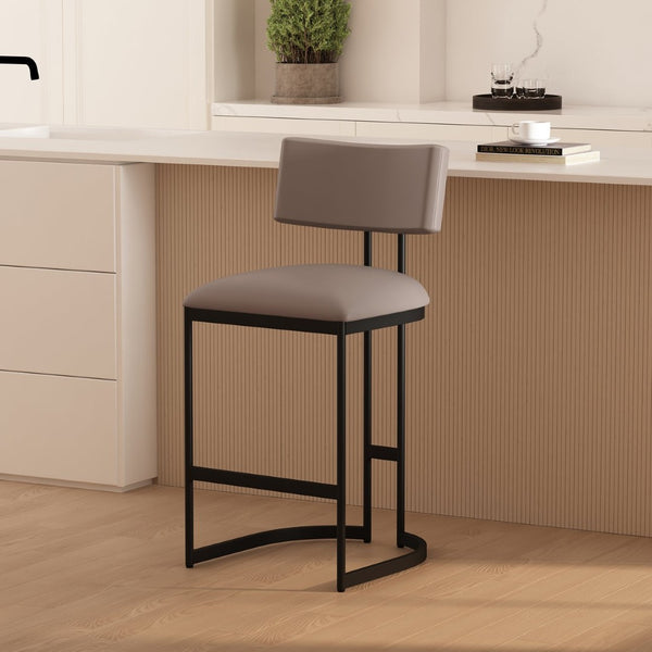 English Elm Counter Stool with Vegan Leather Seat and Curved Metal Base for Kitchen or Bar Taupe B365P504256