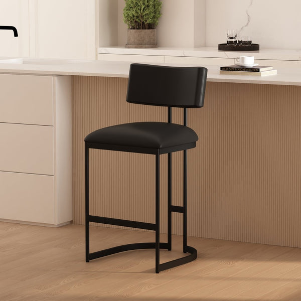English Elm Counter Stool with Vegan Leather Seat and Curved Metal Base for Kitchen or Bar Black B365P504257