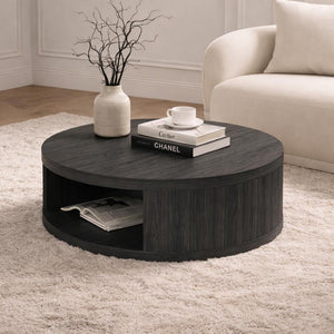 English Elm Coffee Table Round 36 Inch Low Profile Wood Laminate with Open Storage for Living Room Charcoal B365P504258