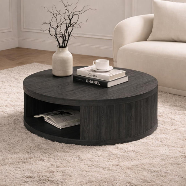English Elm Coffee Table Round 36 Inch Low Profile Wood Laminate with Open Storage for Living Room Charcoal B365P504258