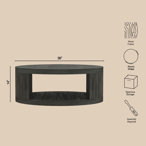 English Elm Coffee Table Round 36 Inch Low Profile Wood Laminate with Open Storage for Living Room Charcoal B365P504258