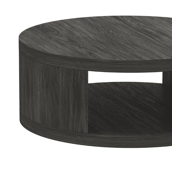 English Elm Coffee Table Round 36 Inch Low Profile Wood Laminate with Open Storage for Living Room Charcoal B365P504258