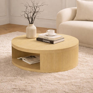 English Elm Coffee Table Round 36 Inch Low Profile Wood Laminate with Open Storage for Living Room Oak B365P504259